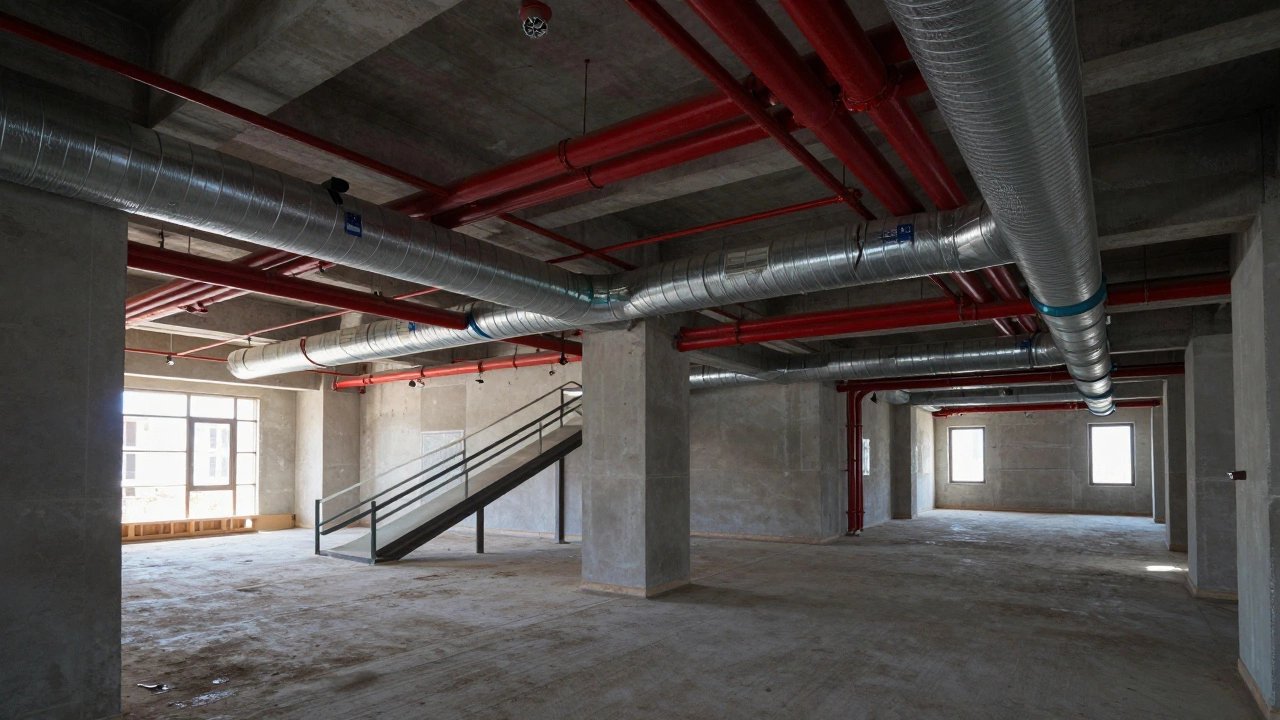 Industrial fire sprinklers and HVAC ductwork being installed in a commercial building.