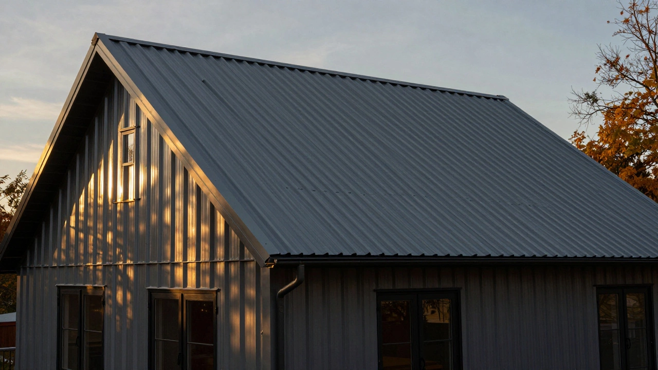 Low-angle shot of a durable corrugated metal roof during sunset