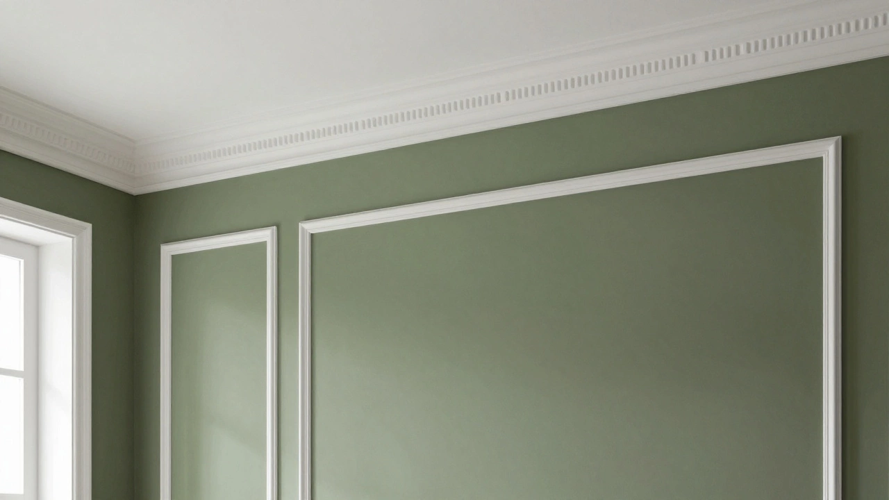 Olive green wall with detailed picture-frame molding and crown trim