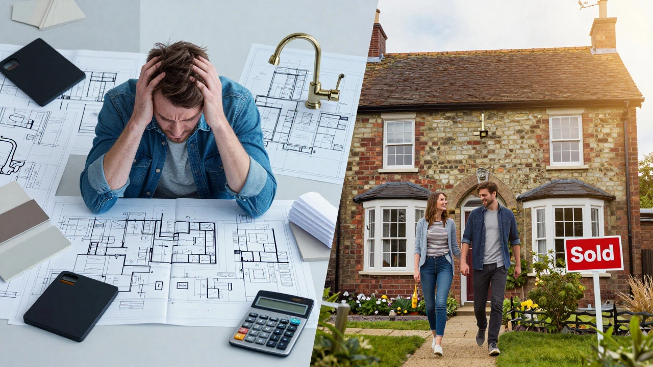 Split image showing the stress of designing a new home versus the joy of buying an existing cottage.