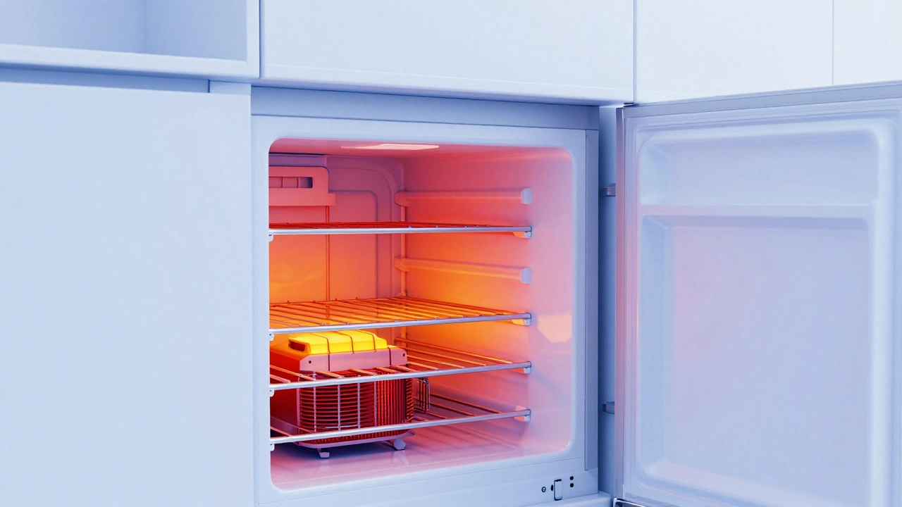 Thermal view of a refrigerator in a tight cabinet showing trapped heat and overheating coils.