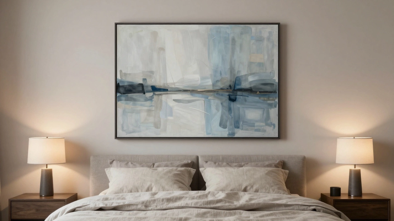 A serene bedroom with one large art piece above the bed, emphasizing minimalism and calm