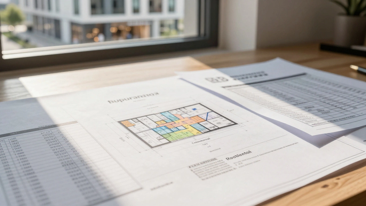 Architect desk with mixed-use building plans and compliance documents
