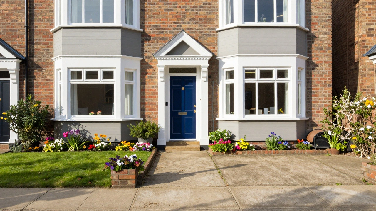 Beautifully landscaped home exterior with fresh paint and clean driveway