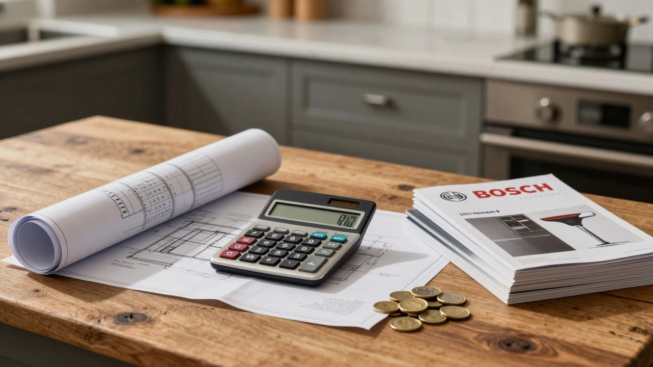 Blueprints, calculator, and appliances on a table symbolizing kitchen costs
