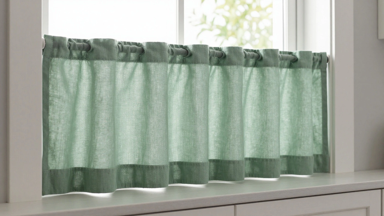 Café curtains on a kitchen window letting in natural light