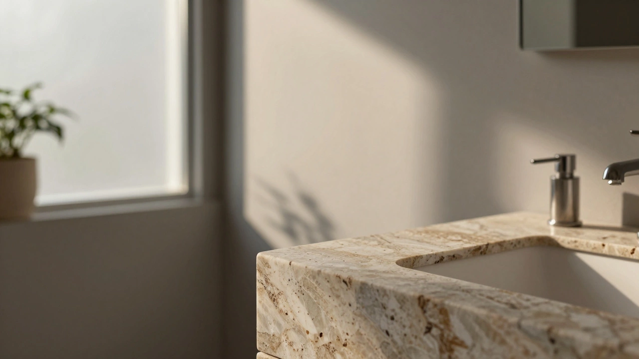 Close-up of greige painted wall and textured travertine stone under soft natural sunlight.