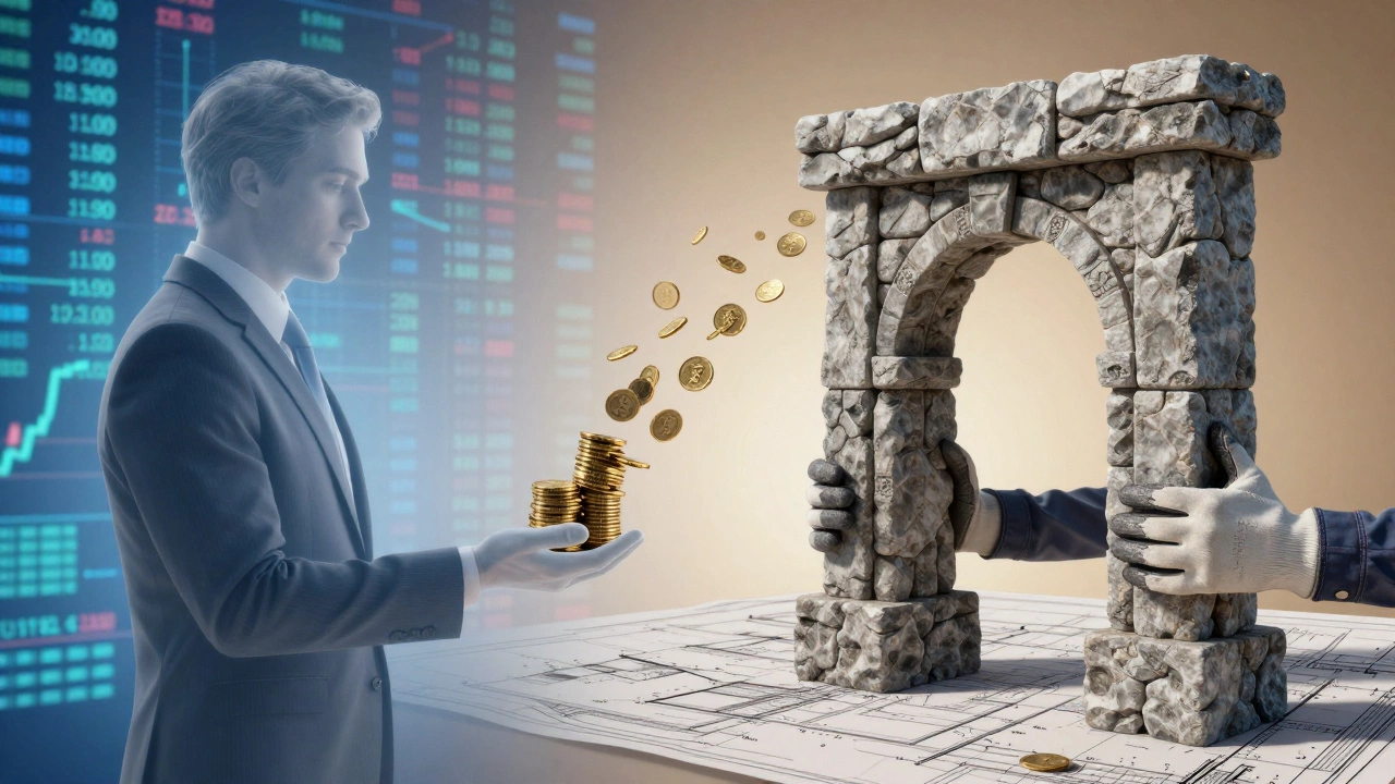Conceptual art showing volatile stocks vs solid stone architecture