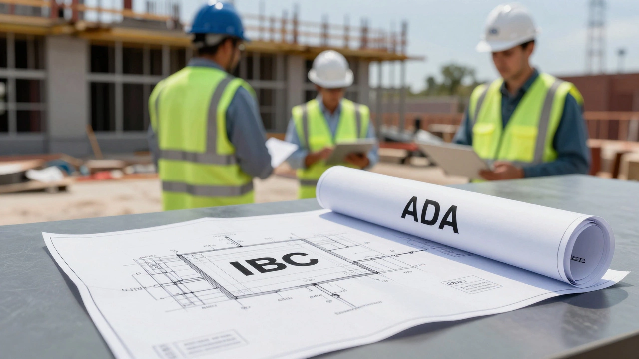 Construction blueprints and workers illustrating commercial safety codes
