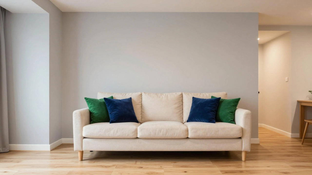 Cream sofa with colorful cushions in a cozy, open-plan apartment