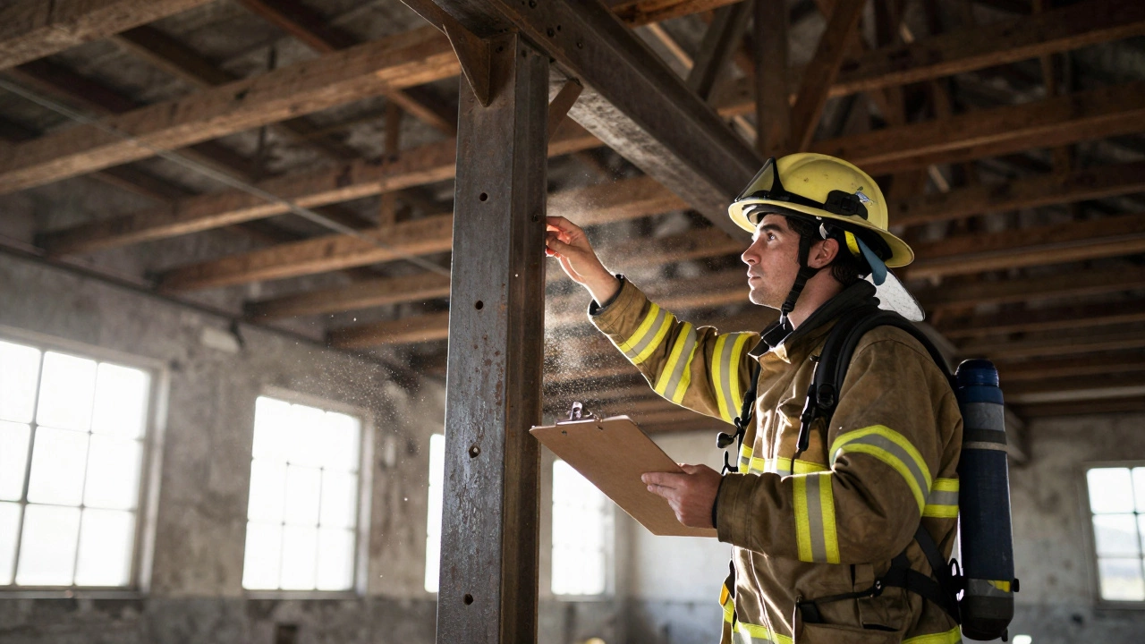 Fire engineer inspecting exposed steel and wood beams in an industrial building to determine construction type.