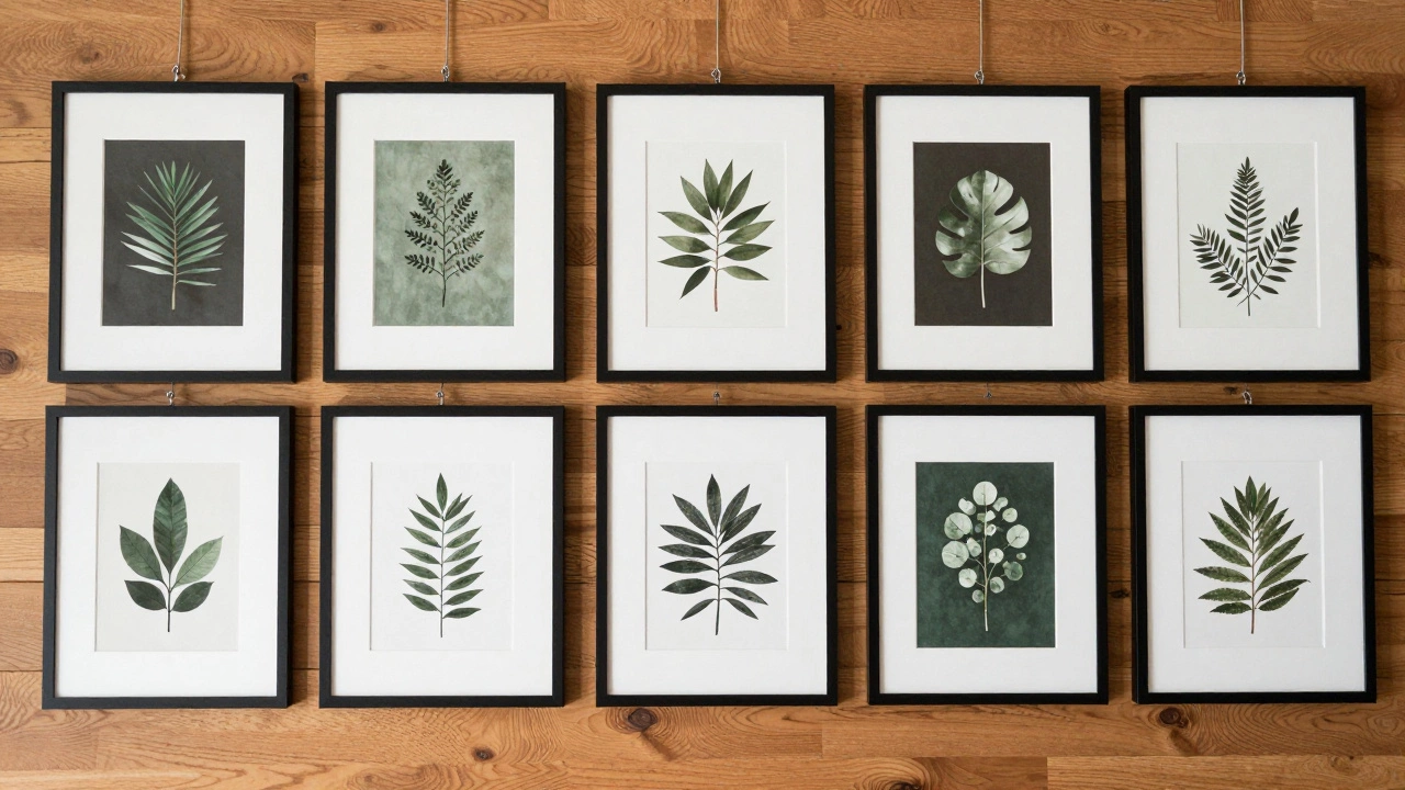 Framed botanical prints arranged on a floor to plan a cohesive gallery wall layout