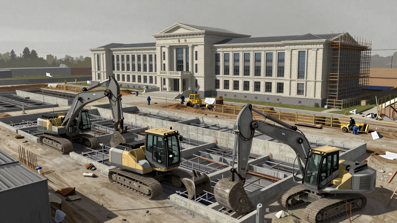 Industrial factory foundation and institutional school building construction site with heavy machinery.