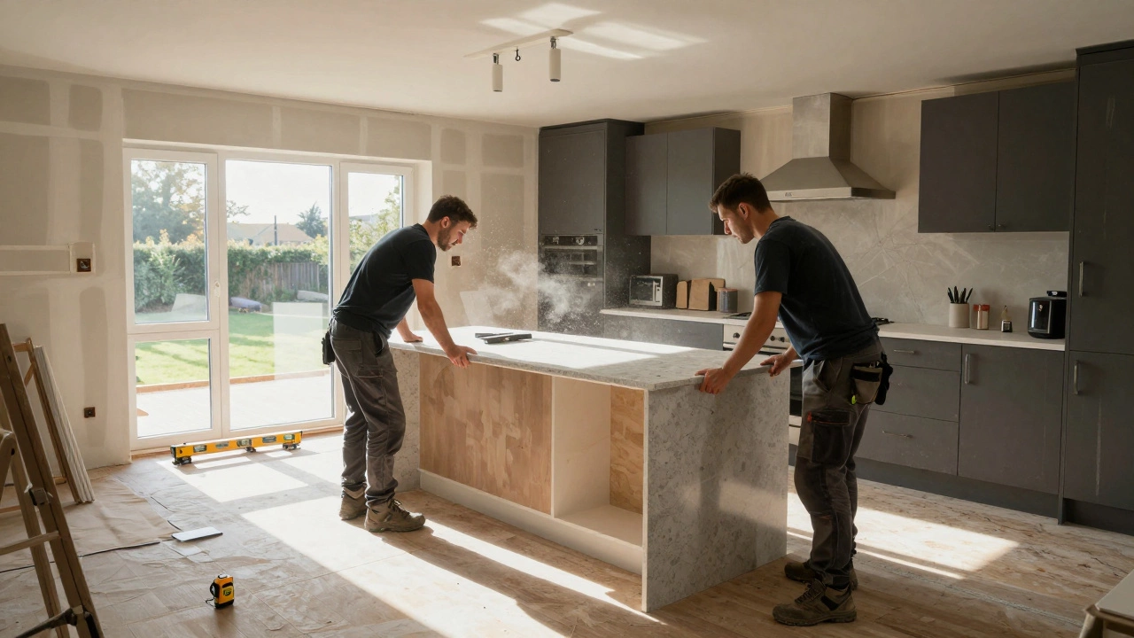 Installers fitting quartz worktops in a modern open-plan kitchen