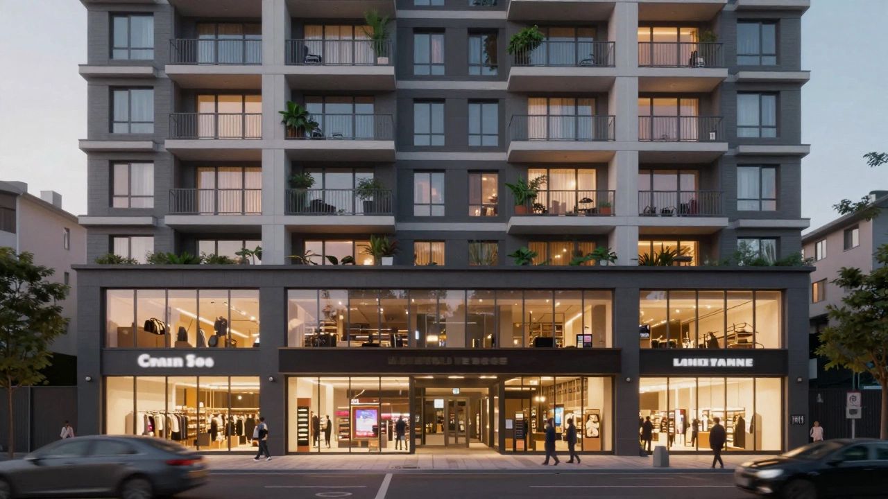 Mixed-use building showing commercial retail on ground floor and residential apartments above.