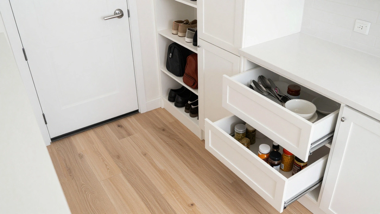 Organized entryway with cubbies and pull-out kitchen drawers for easy access