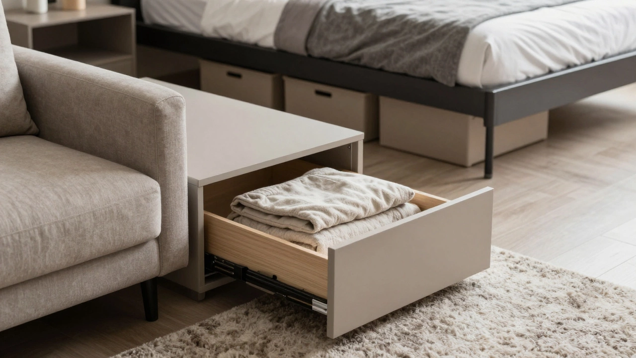 Platform sofa with hidden drawers and under-bed storage bins in a tidy bedroom