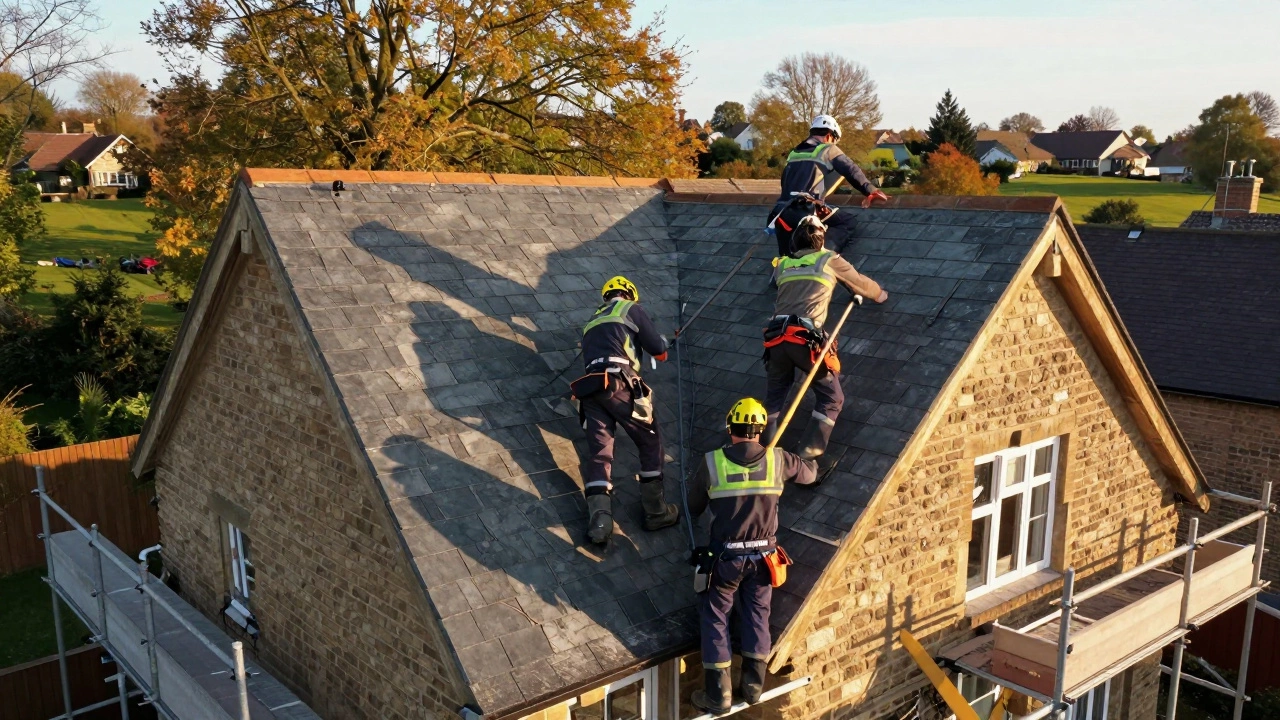 Professional crew installing new slate roof in autumn light