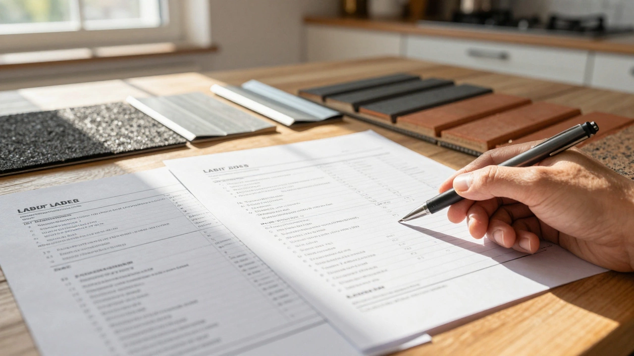 Roofing estimates and material samples compared on table