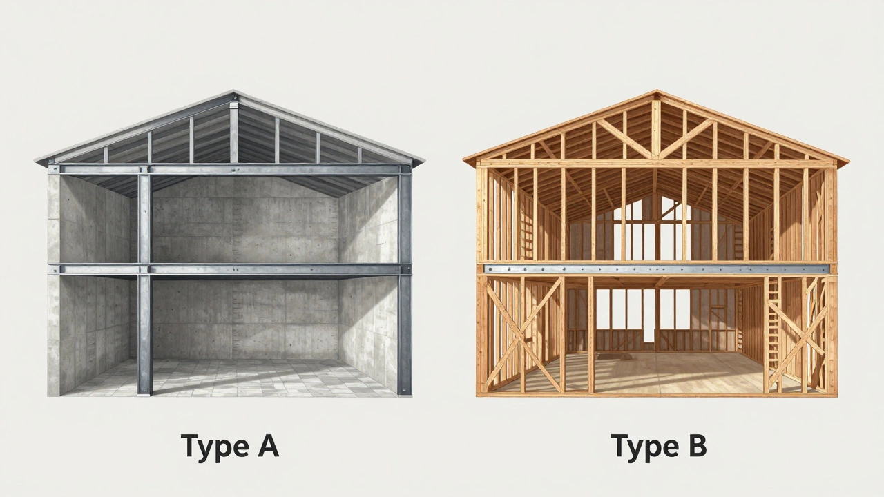 Side-by-side cross-sections comparing non-combustible Type A and combustible Type B building structures.