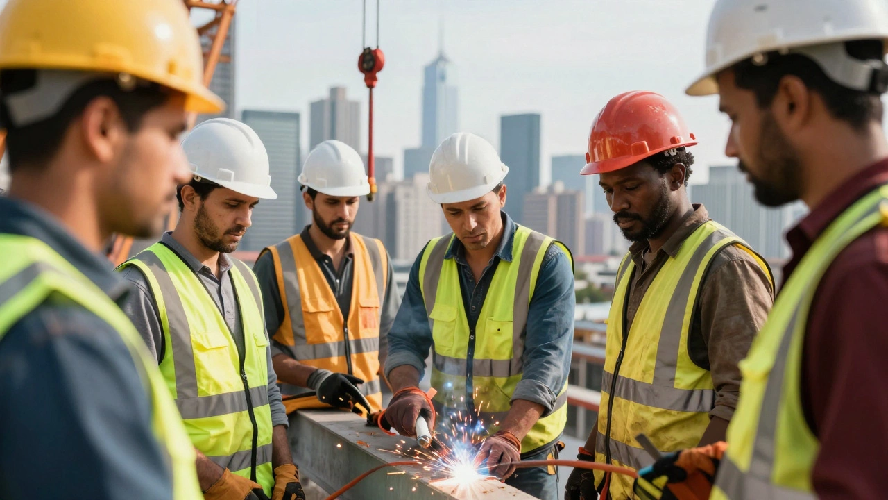 Skilled construction workers standing on a high-rise beam