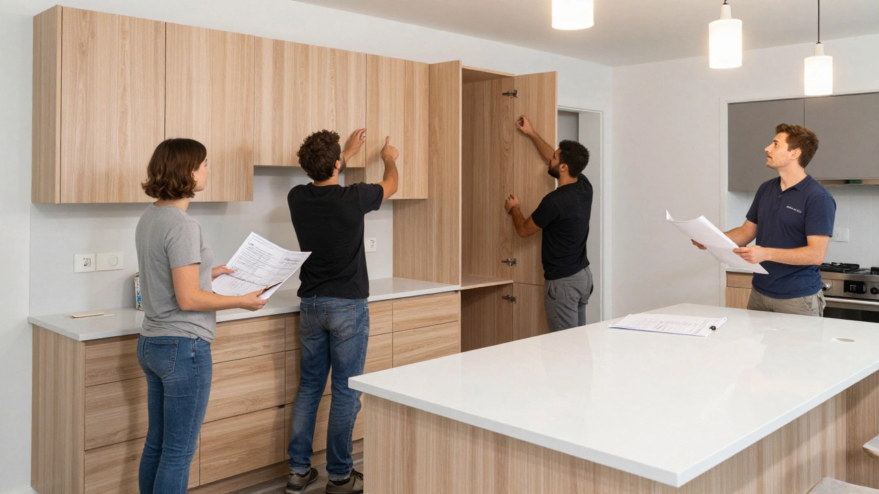 Tradespeople installing semi-custom cabinets and quartz countertops