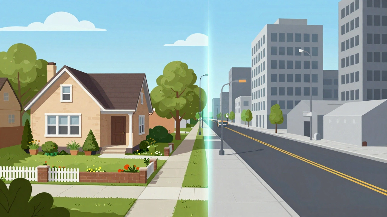 Visual comparison of residential suburbia versus commercial urban zoning areas