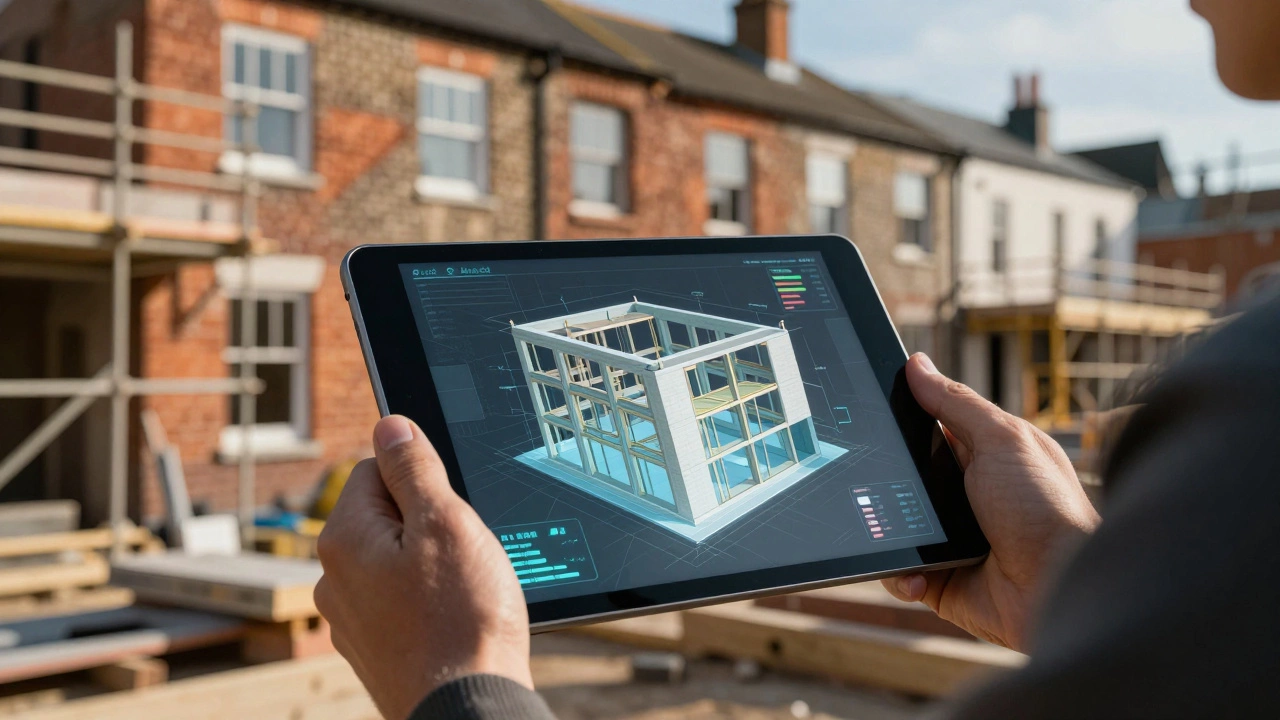 Architect using AR tablet to inspect structural details at a construction site