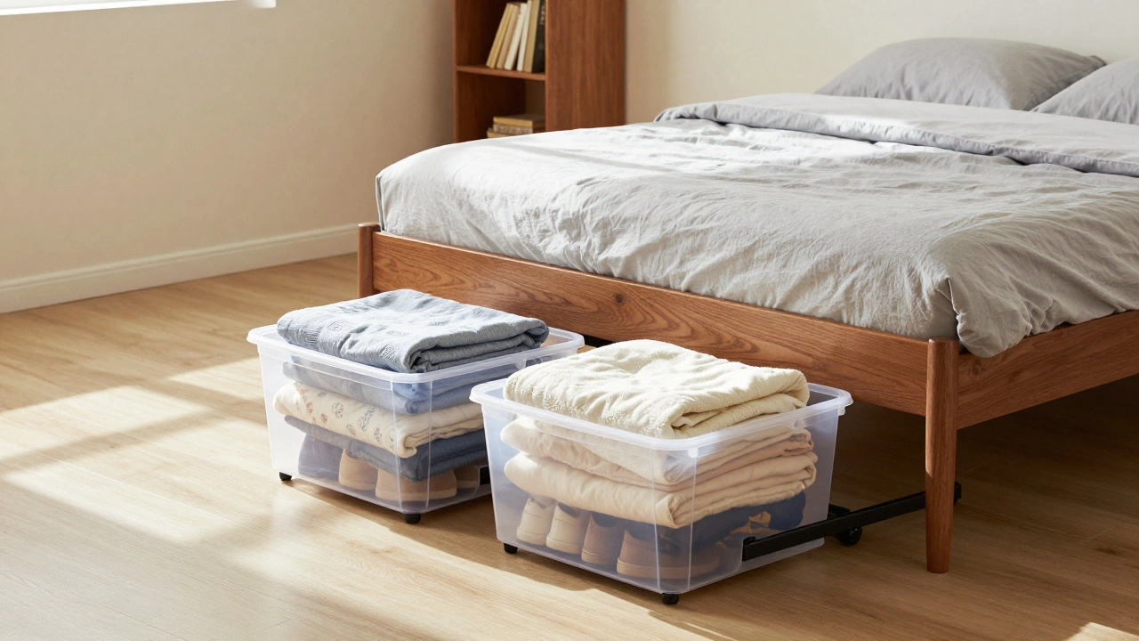 Bedroom with under-bed rolling bins and tall narrow corner bookcase