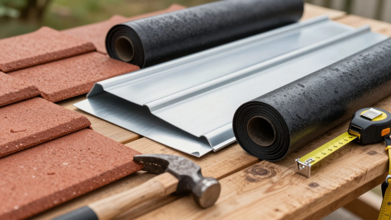 Close-up of clay tiles, metal sheets, and rubber roofing materials