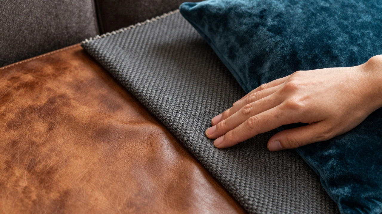 Close-up of leather, microfiber, and velvet sofa fabrics showing texture and quality