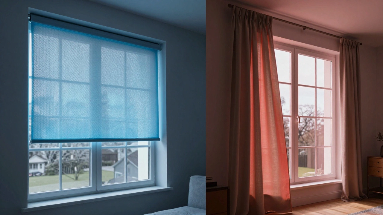 Comparison of honeycomb shades vs drapes showing thermal insulation benefits.