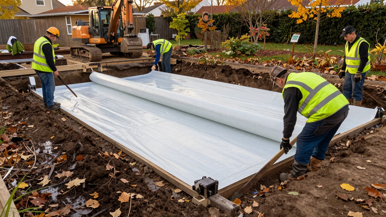 Construction crew installing waterproofing on a basement wall in autumn