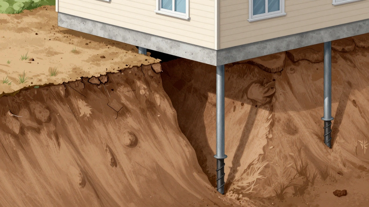 Cross-section showing hydraulic piers stabilizing a settling foundation