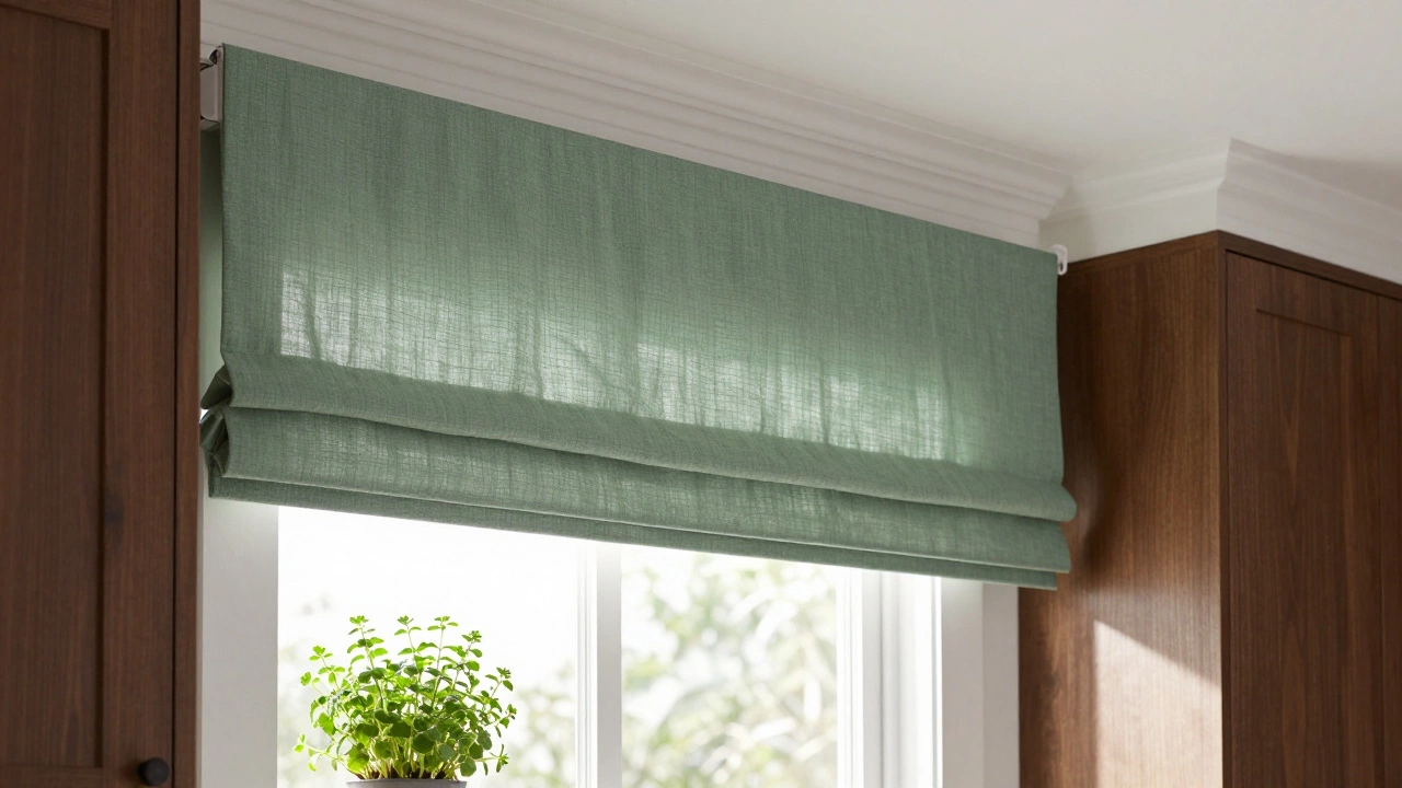 Modern kitchen window with sage green linen valance hiding motorized shades above cabinets