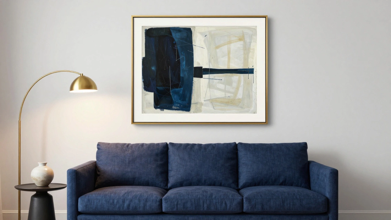 Navy linen sofa with abstract art hung correctly above it in a stylish living space