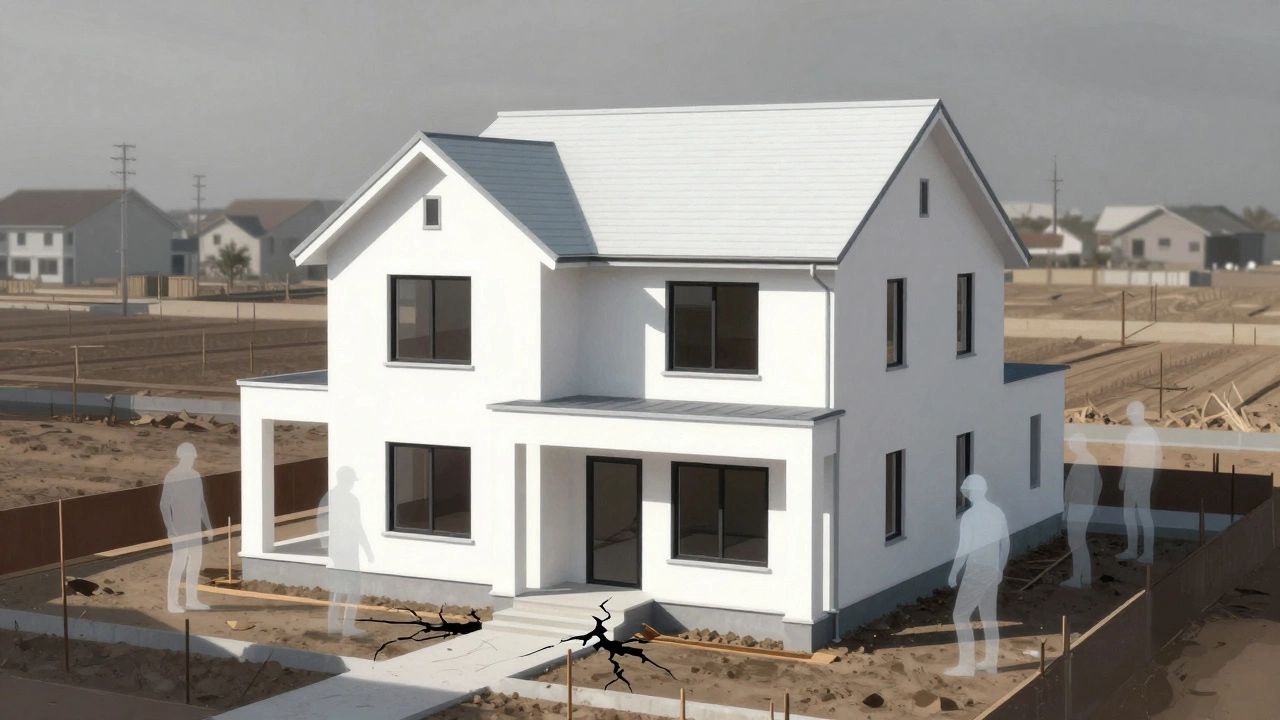 New house construction with visual metaphors for hidden risks