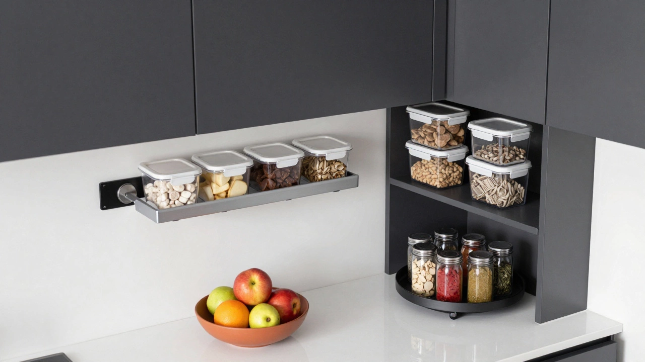 Organized kitchen with magnetic strips and clear containers on counters
