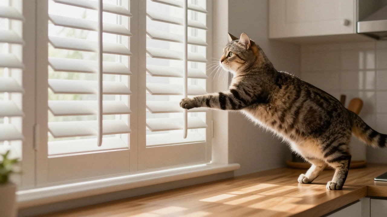 Playful cat interacting with durable plantation shutters in a modern kitchen.
