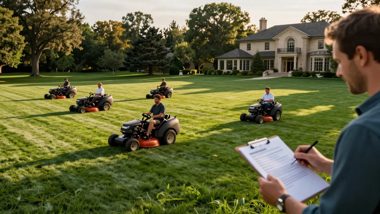 Professional crew mowing large estate lawn at golden hour
