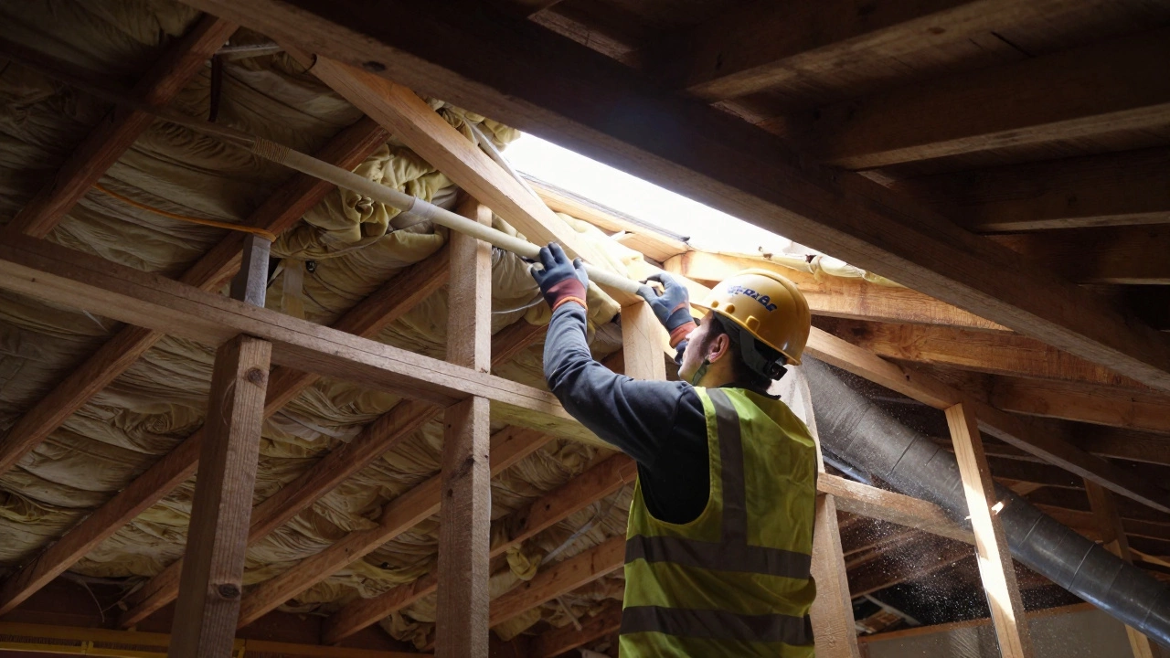 Roofer inspecting attic rafters and insulation in bright light