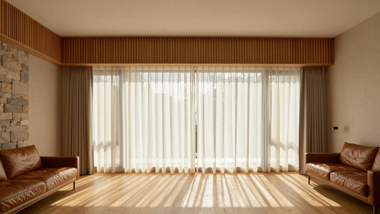 Scandinavian living room with wooden slat valance header above sheer curtains