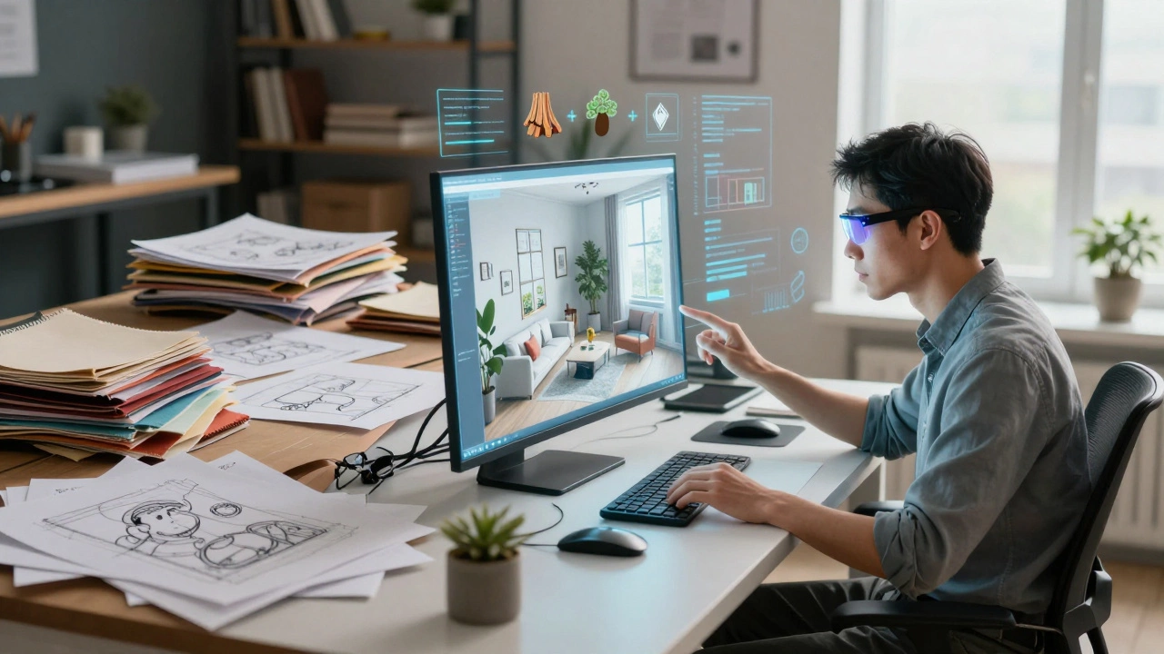 Split view comparing old manual design methods with new AI-assisted digital workflows
