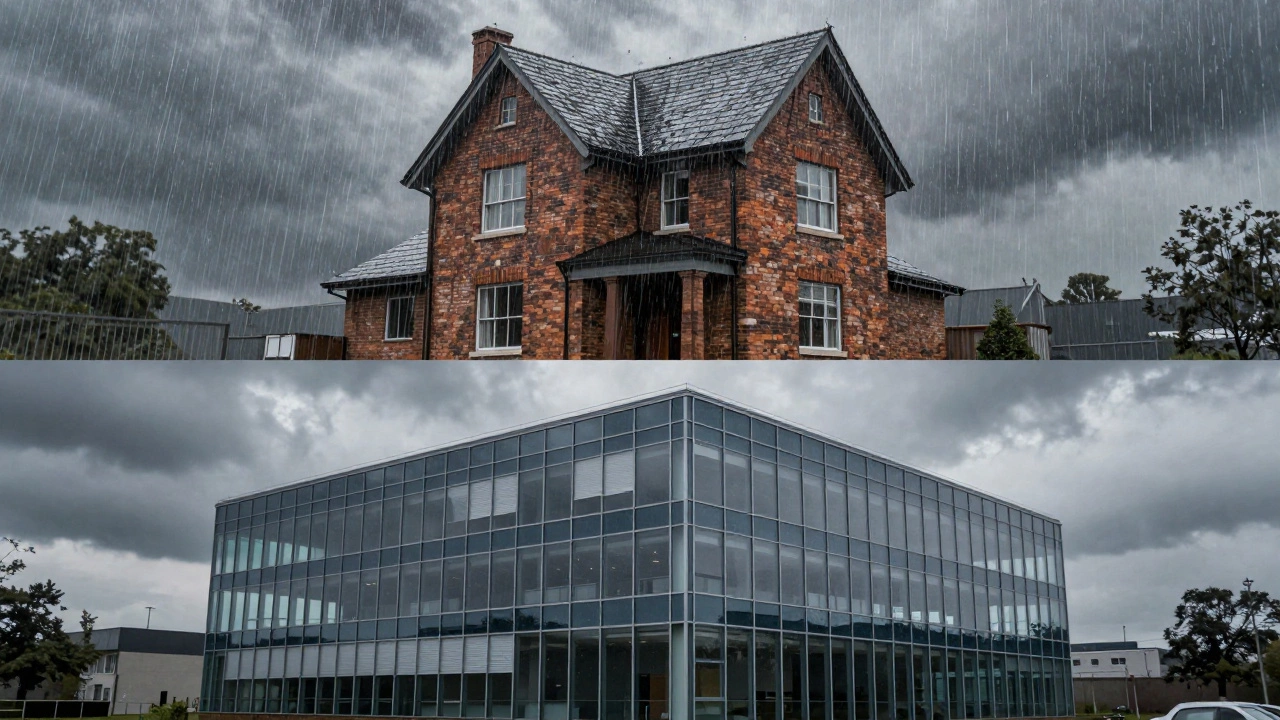 Stable house vs empty office building showing real estate risks