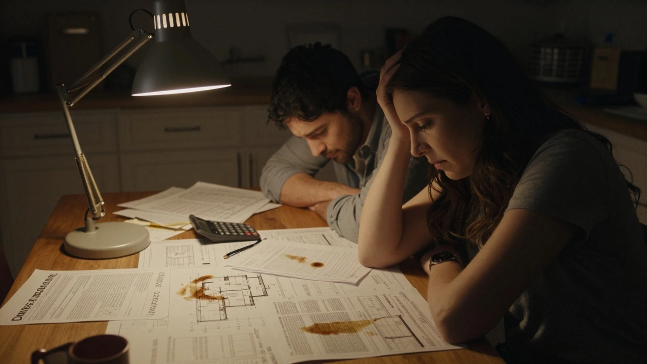 Stressed couple overwhelmed by building permits and blueprints