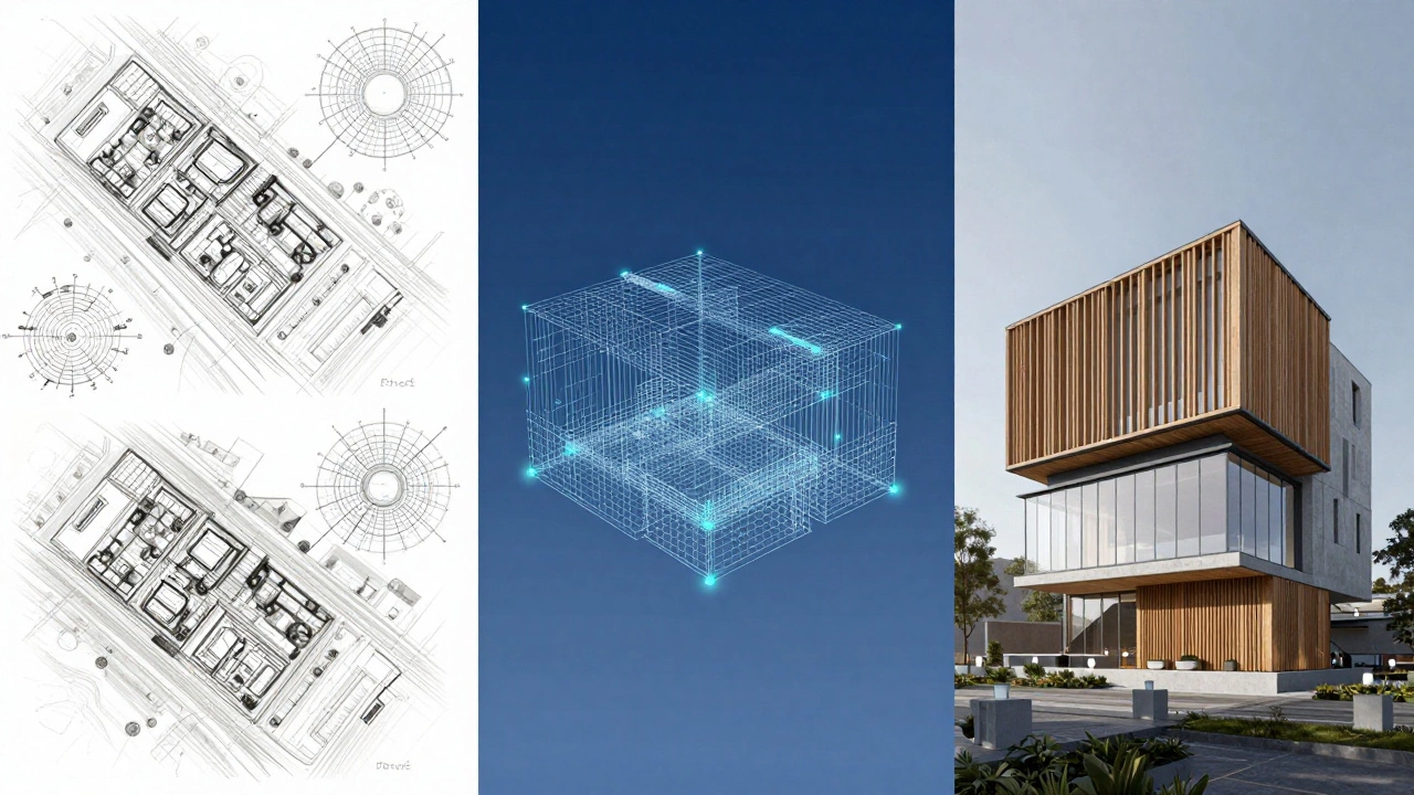 Three-stage design process from sketch to BIM model to final building render