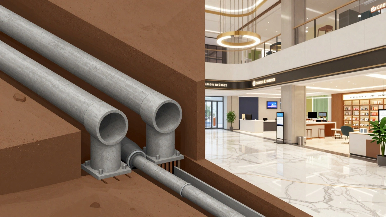 Underground utility pipes versus modern commercial lobby interior