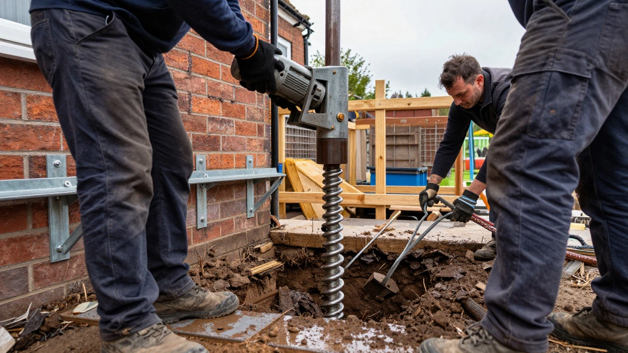 Workers installing helical piers outside home