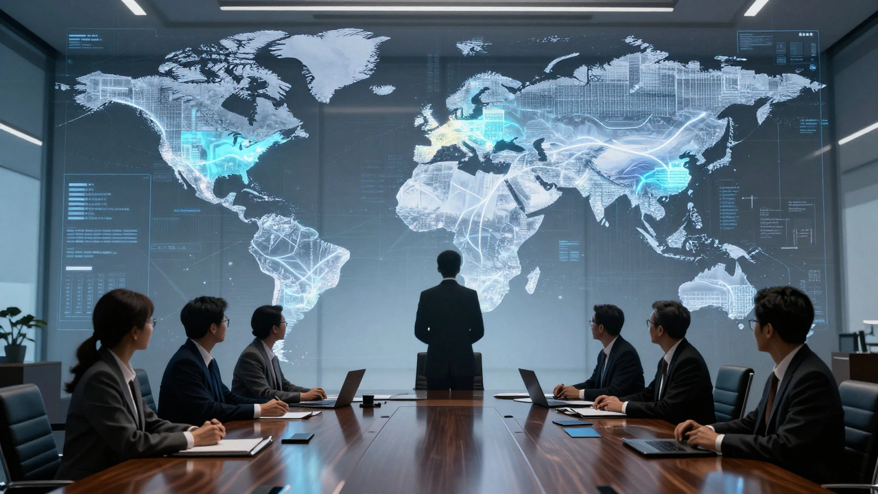 Boardroom with holographic maps showing global infrastructure projects and executives