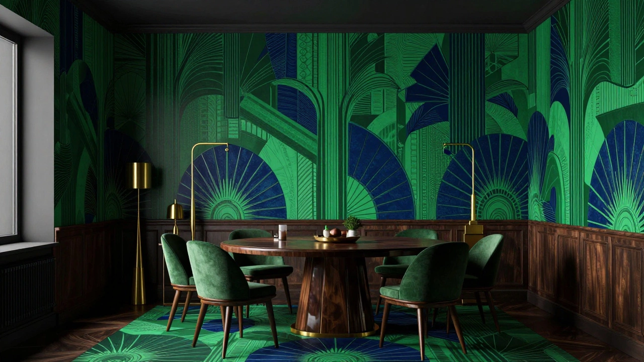 Bold Art Deco patterned wallpaper in deep green and navy blue